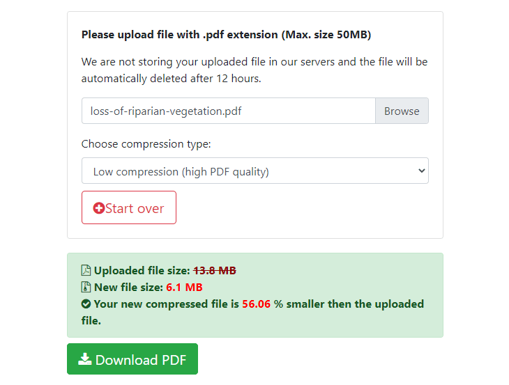 Reduced PDF size by 50 percent after compression Reduced PDF size by 50 percent after compression