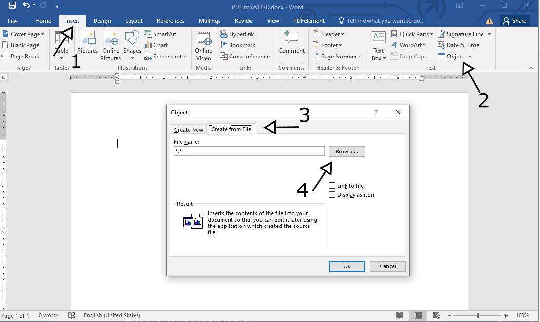 Steps to insert PDF into Word with the Insert Object feature Steps to insert PDF into Word with the Insert Object feature